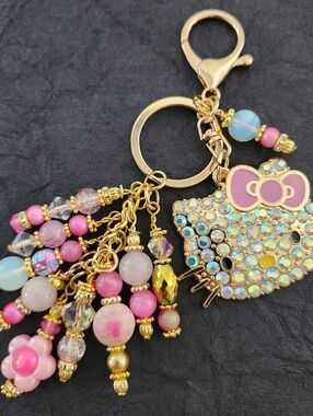 Hello Kitty Rhinestone Purse Charm and Keychain Opal Quartz Stone Handcrafted